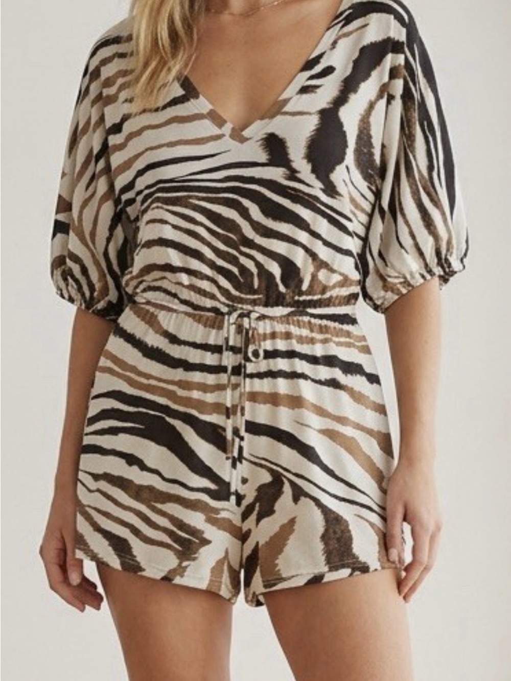 VENUS Zebra-Print V-Neck Romper in Brown and Black